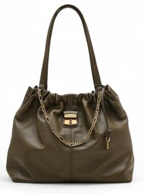 MARC JACOBS Olive Green Leather Shoulder Tote with Chain Detail